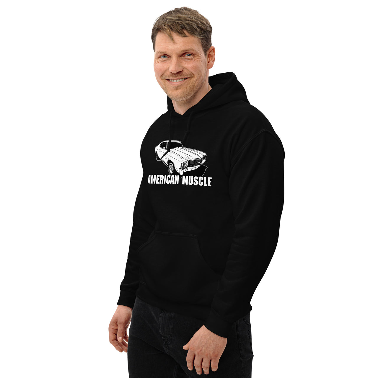 Man modeling a 1972 Chevelle Car Hoodie American Muscle Car Sweatshirt in black