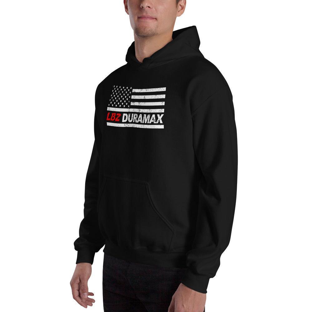 LBZ American Flag Duramax Hoodie modeled in black