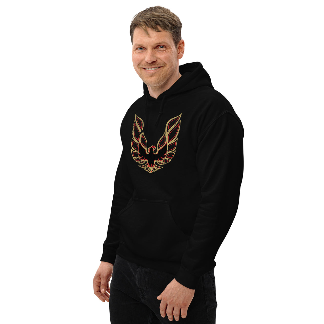 Traditional Trans Am Firebird Logo Hoodie modeled in black
