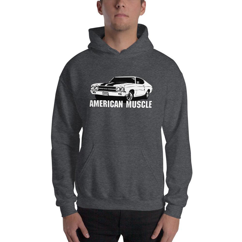Man modeling a 1970 Chevelle Hoodie in grey
