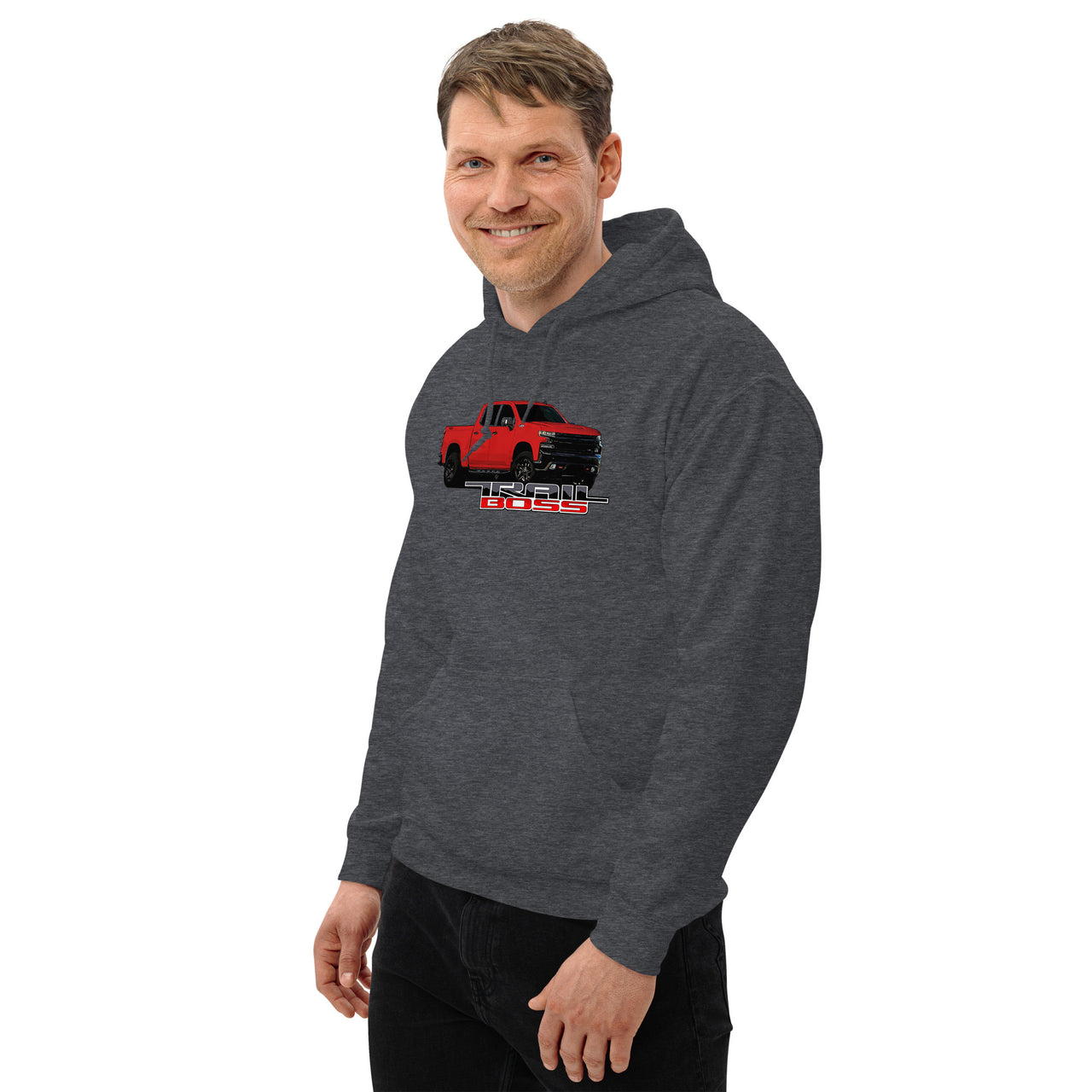 Red Trail Boss Truck Hoodie modeled in dark heather