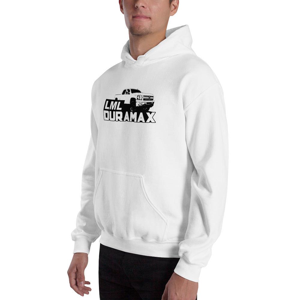 Early LML Duramax Truck Hoodie modeled in white