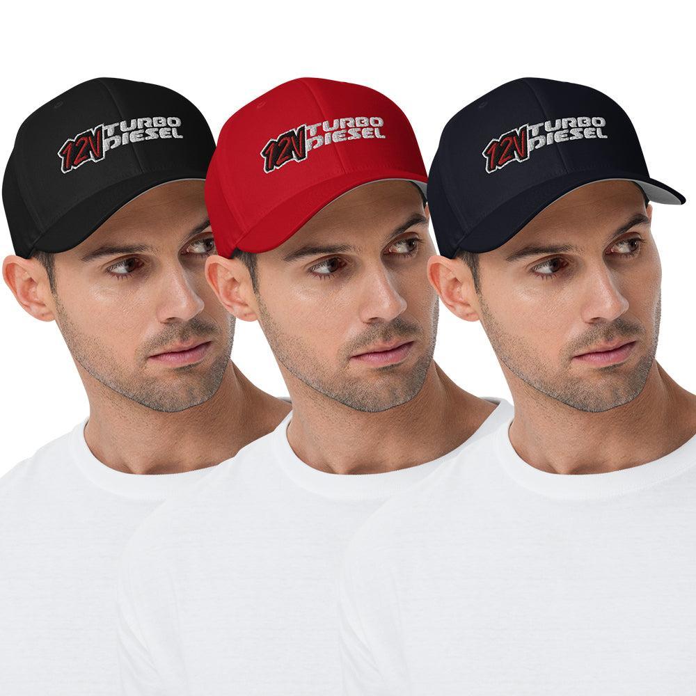 model wearing 12 Valve Diesel Flexfit Hat in black red and navy