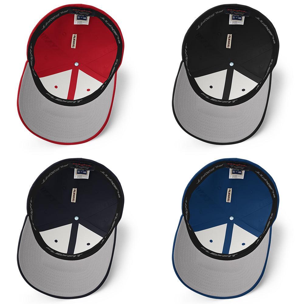 12 Valve Diesel Flexfit Hat underside view of red black navy and blue