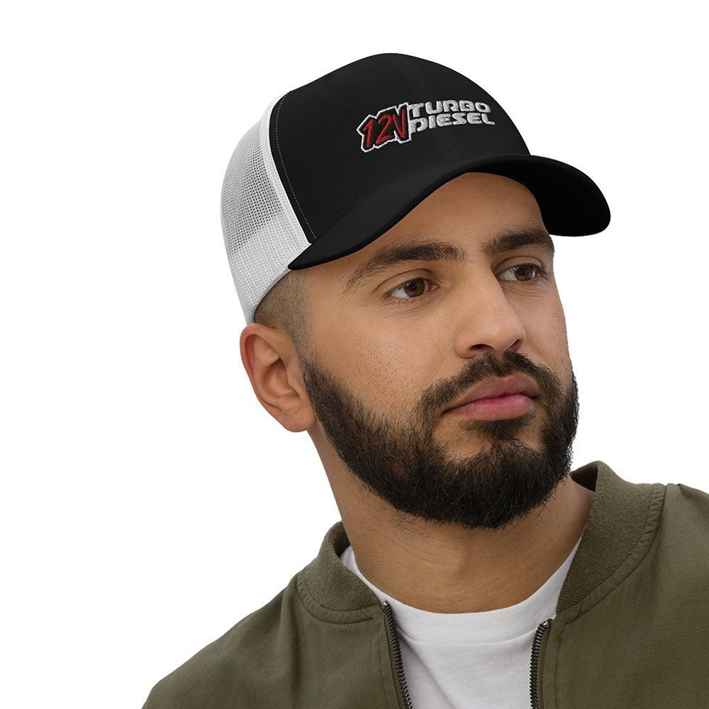model wearing 12 Valve Trucker Hat in black and white