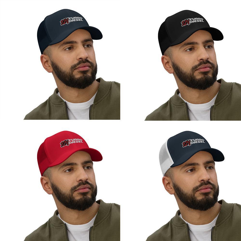 model wearing 12 Valve Trucker Hat in multiple colors