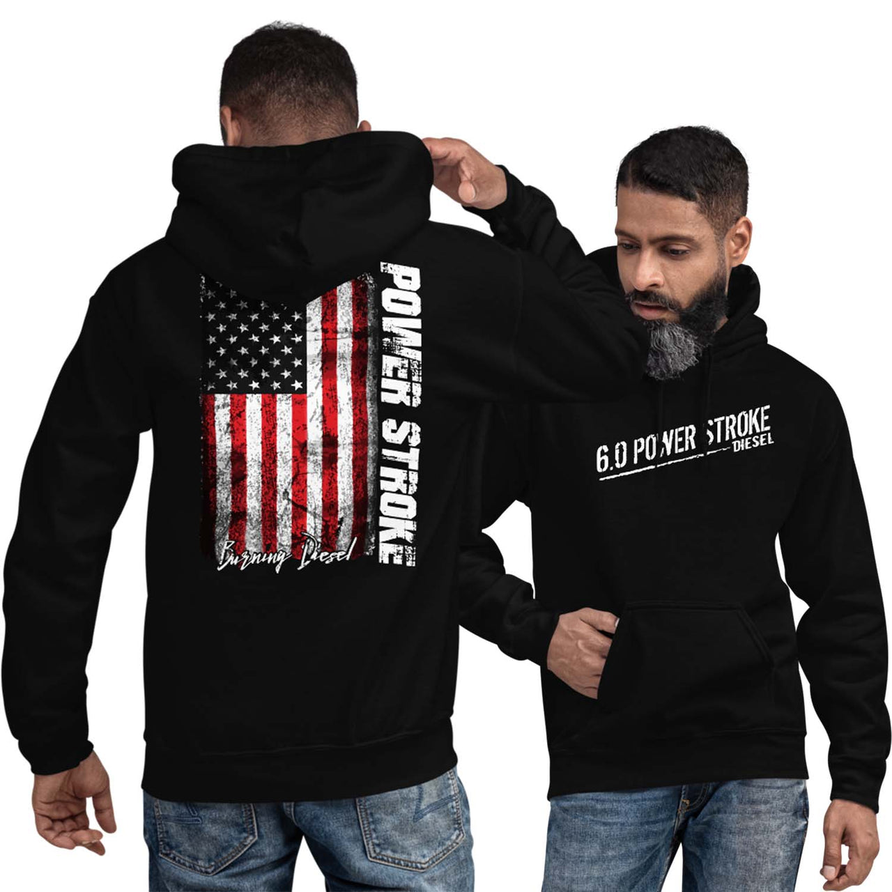 man modeling a 6.0 Powerstroke American Flag Hoodie in black