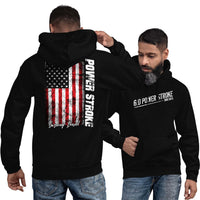 Thumbnail for man modeling a 6.0 Powerstroke American Flag Hoodie in black