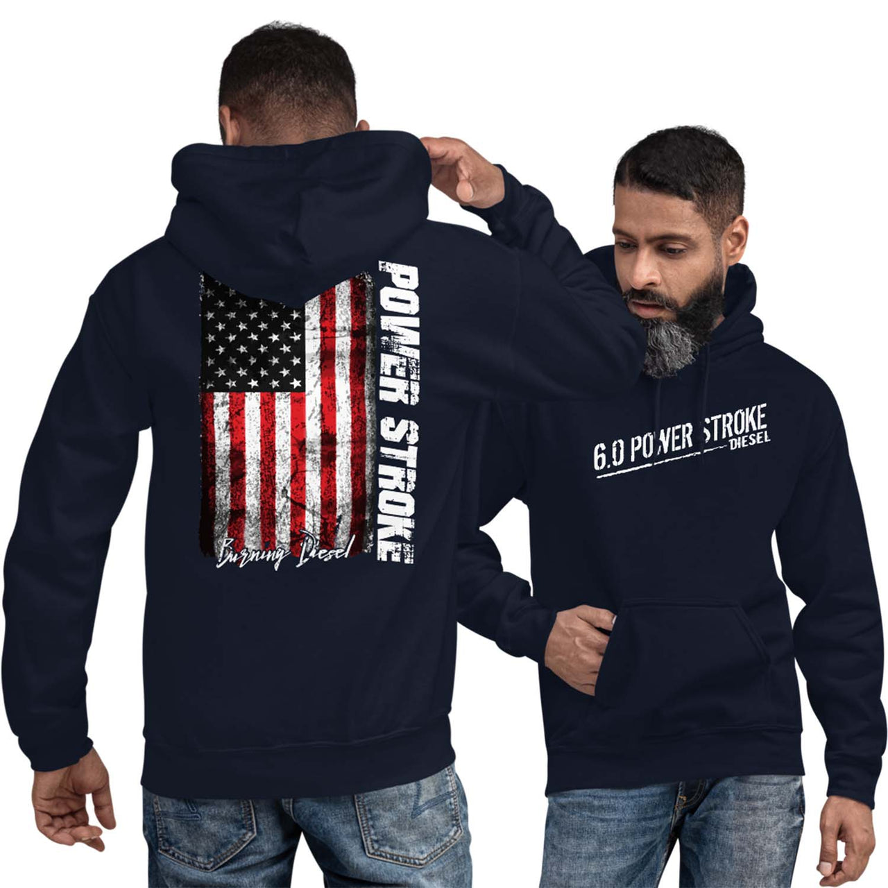 man modeling a 6.0 Powerstroke American Flag Hoodie in navy