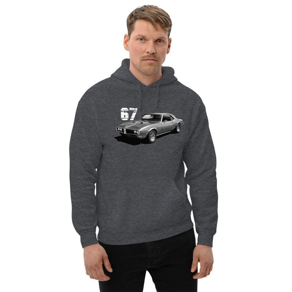 man wearing 67 Firebird Hoodie in dark heather