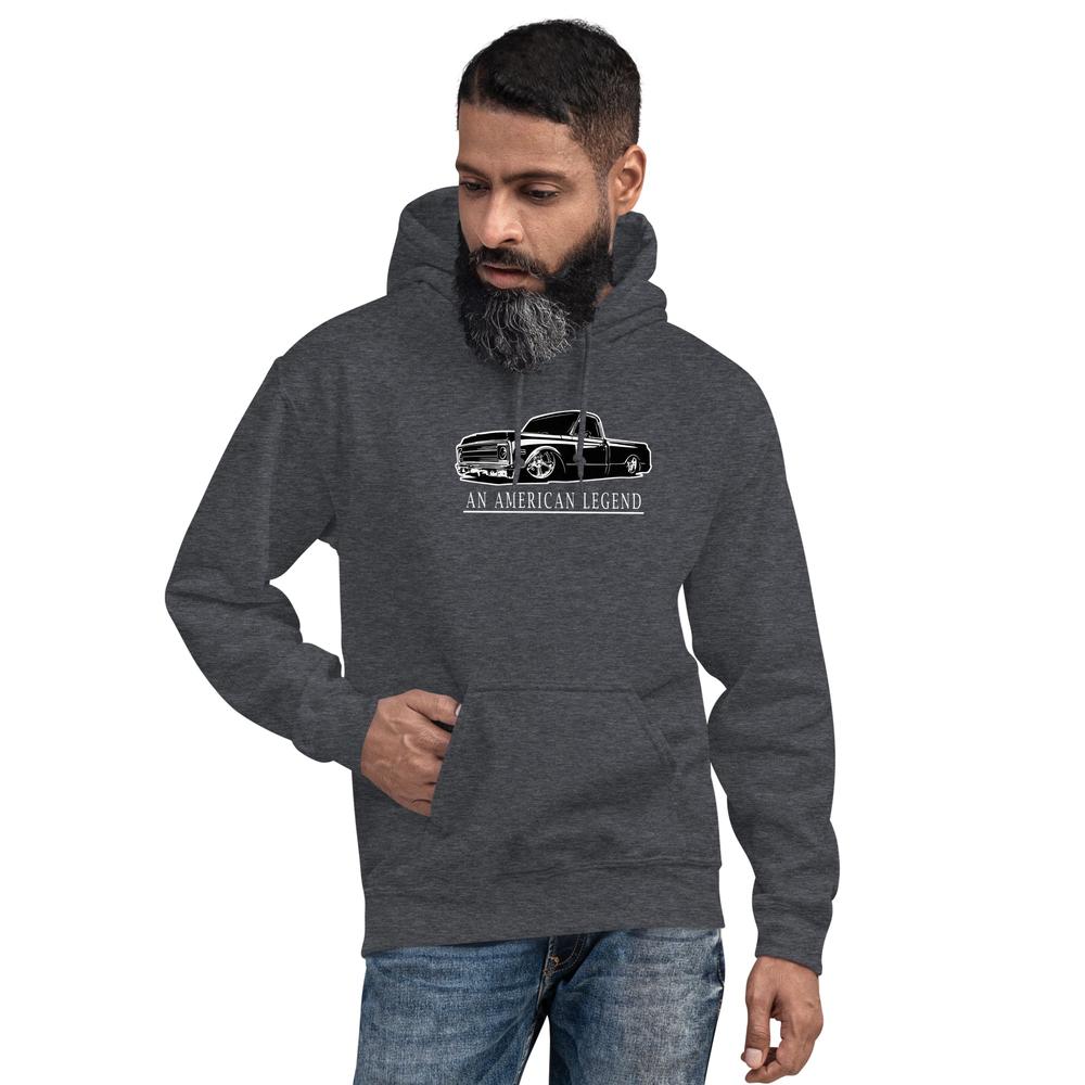 Man modeling a 70-72 C10 Hoodie Dark Heather