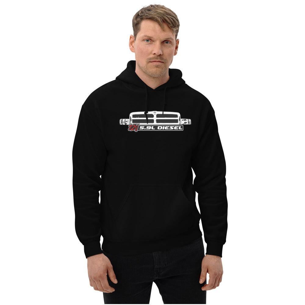 Man modeling 12v Cummins Second Gen Diesel Truck Hoodie From Aggressive Thread - color black