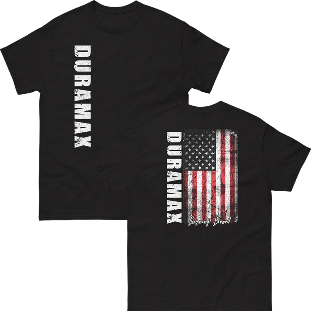 Duramax T-Shirt With American Flag From Aggressive Thread in Black - Front And Back View