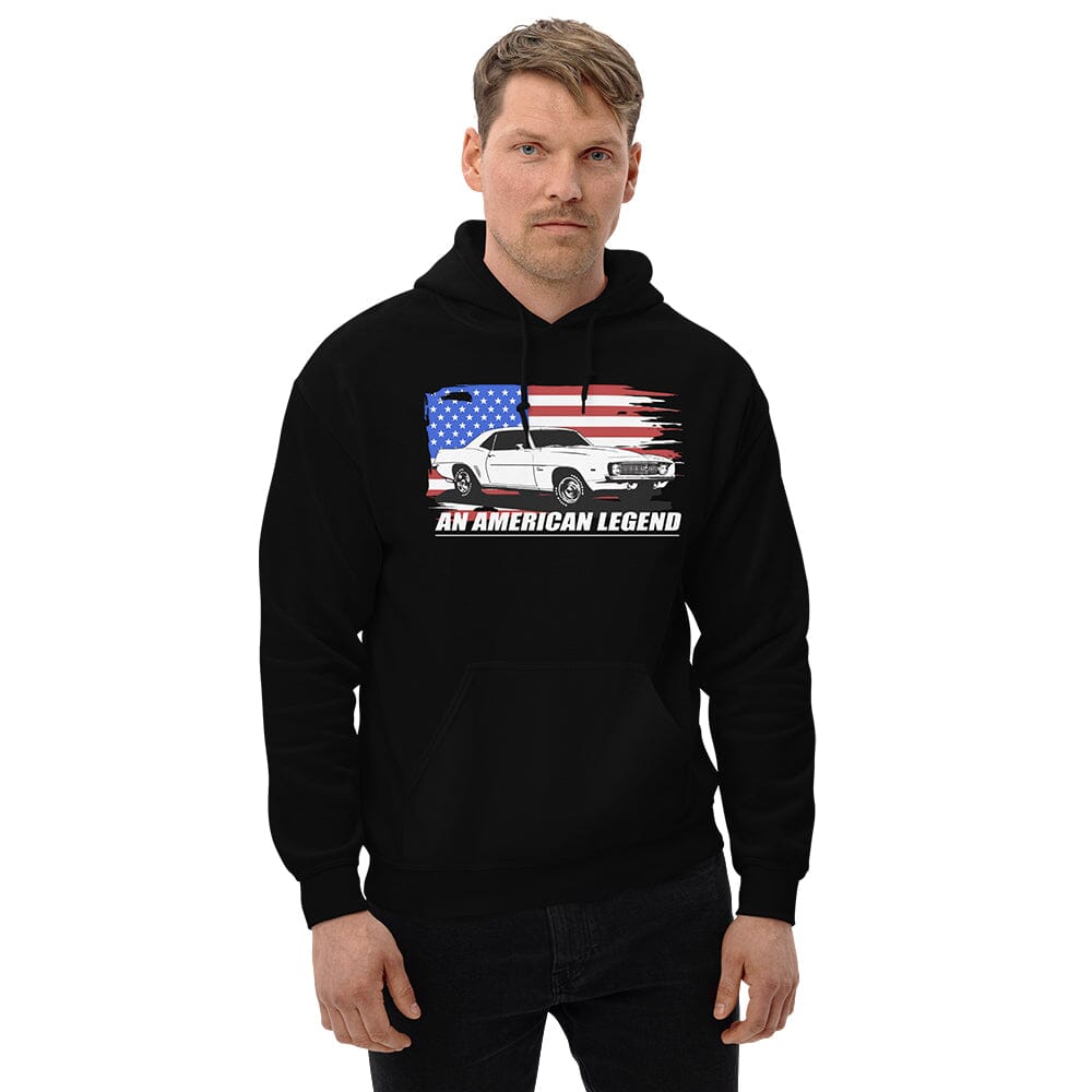 man posing in 1969 Chevrolet Camaro Hoodie From Aggressive Thread Muscle Car Apparel - color black