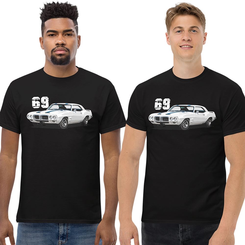 Men wearing a 69 Firebird Trans Am T-Shirt in Black From Aggressive Thread