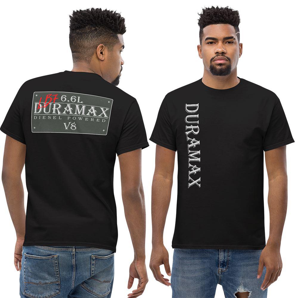 man wearing black Lb7 duramax t-shirt with vintage sign design