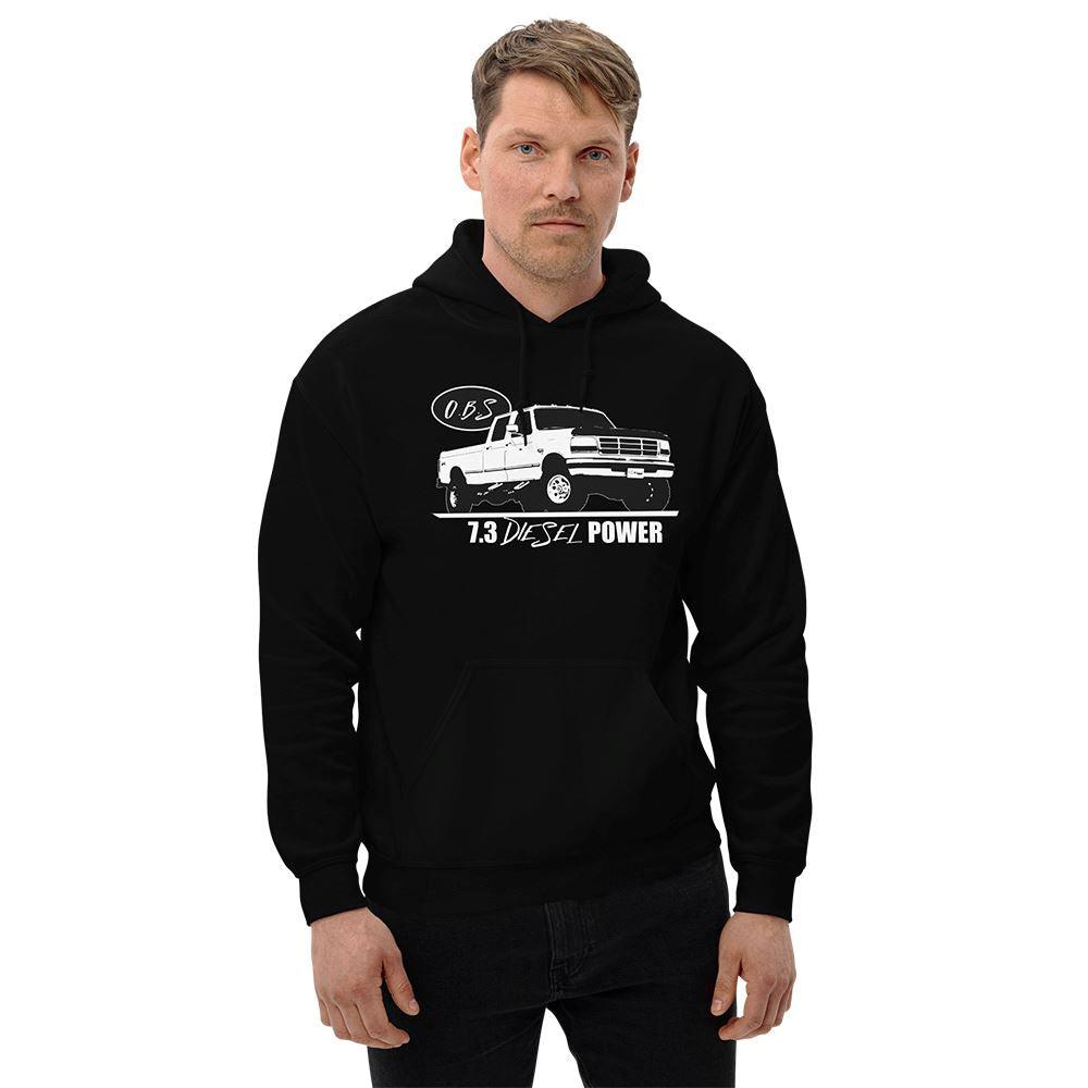 Man wearing a 7.3 Power Stroke OBS Crew Cab Hoodie in black from Aggressive Thread