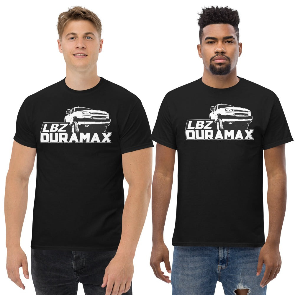 men modeling LBZ Duramax Truck T-Shirt in black | aggressive thread