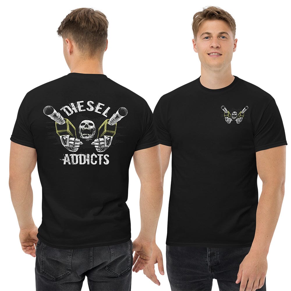 Man posing in Diesel Truck T-Shirt | Duramax Shirt | Cummins Shirt | Powerstroke Shirt | Aggressive Thread Truck Apparel - Color Black