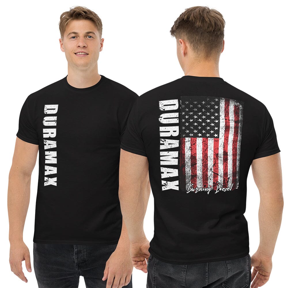 Muscular Man Wearing a Duramax T-Shirt With American Flag From Aggressive Thread in Black - Front And Back View