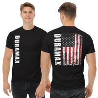 Thumbnail for Muscular Man Wearing a Duramax T-Shirt With American Flag From Aggressive Thread in Black - Front And Back View