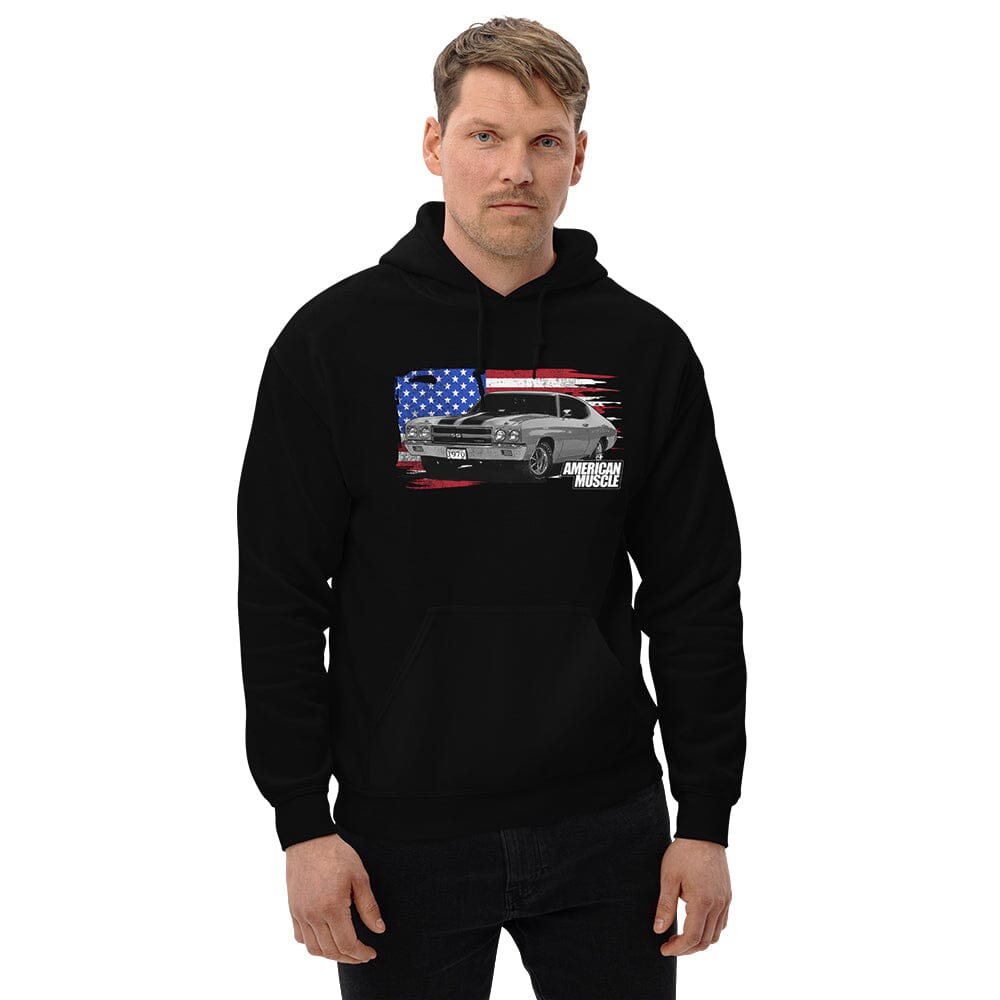 Man Wearing a 1970 Chevrolet Chevelle Sweatshirt Hoodie From Aggressive Thread - Black