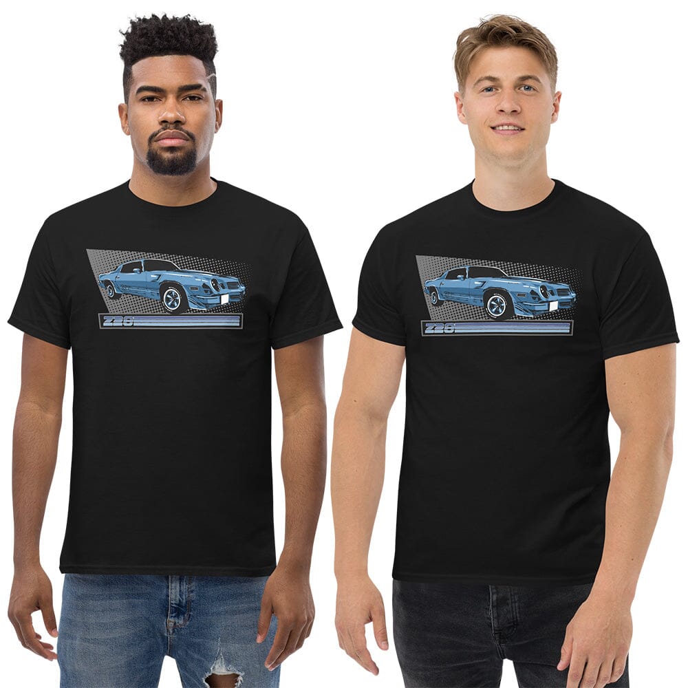 Men Posing In 2nd Gen Z28 Camaro T-Shirt From Aggressive Thread - Color Black