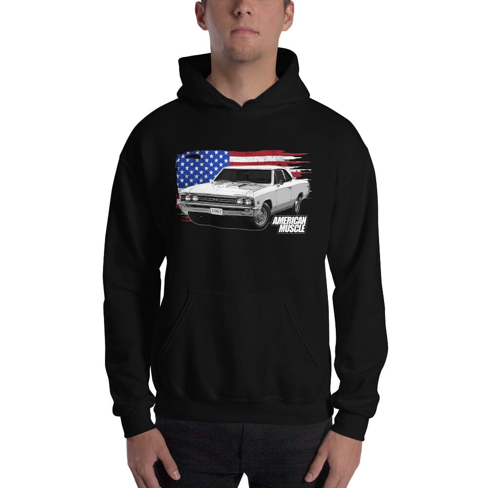 Man posing in 1967 Chevelle Hoodie With American Flag From Aggressive Thread. Color Black
