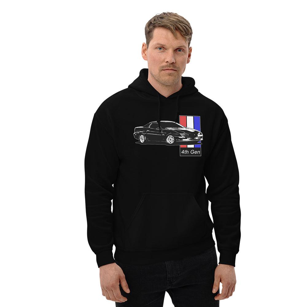 Man modeling 4th Gen Camaro Hoodie in white
