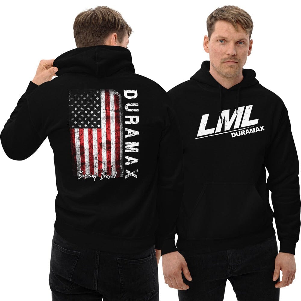 Man Posing in LML Duramax Hoodie With American Flag. Color Black