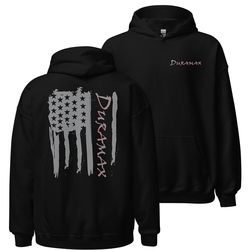 Duramax Hoodie With Grey American Flag On the Back From Aggressive Thread - Color Black