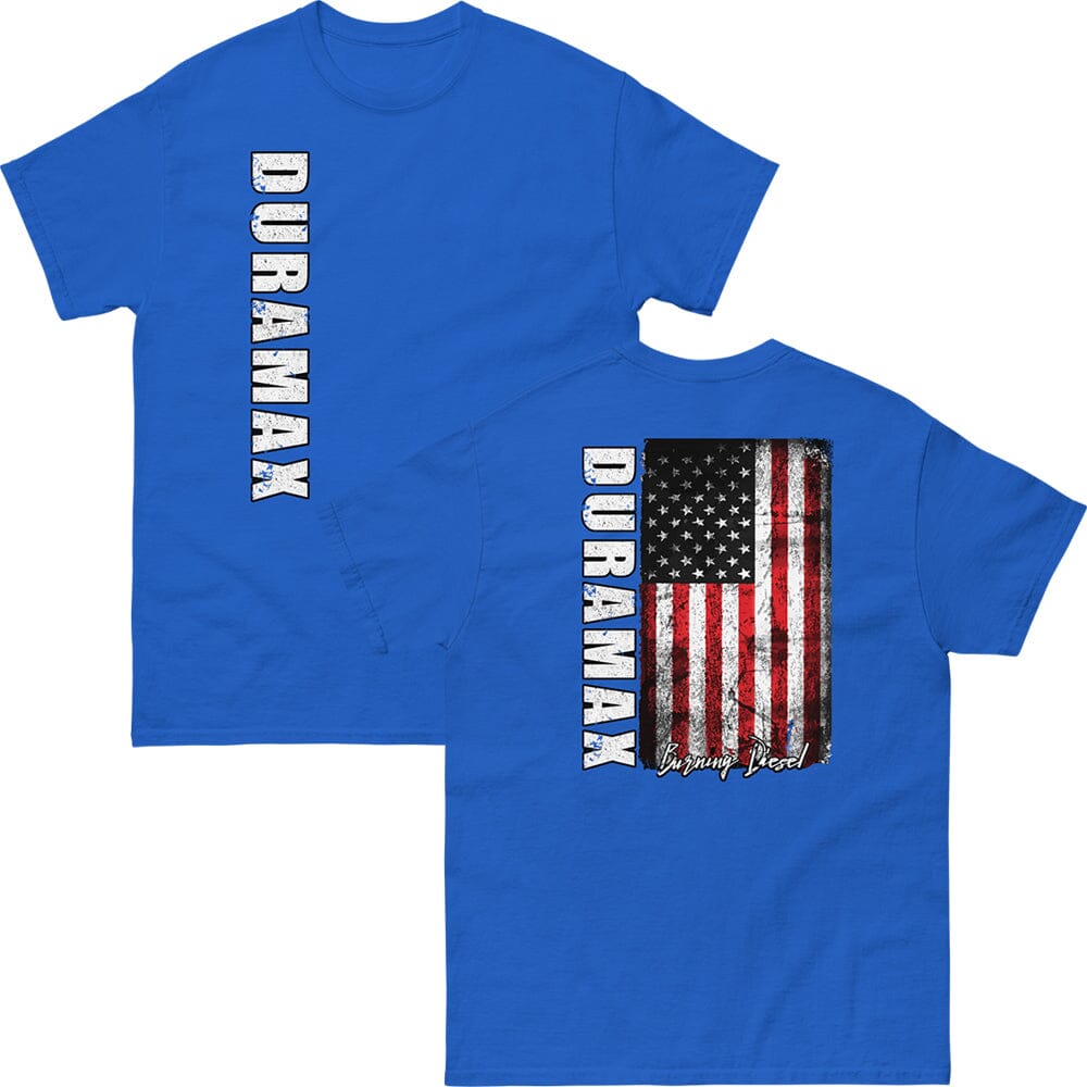 Duramax T-Shirt With American Flag From Aggressive Thread in Black - Front And Back View in Blue