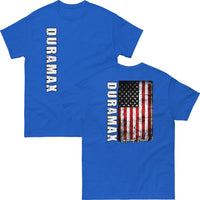 Thumbnail for Duramax T-Shirt With American Flag From Aggressive Thread in Black - Front And Back View in Blue