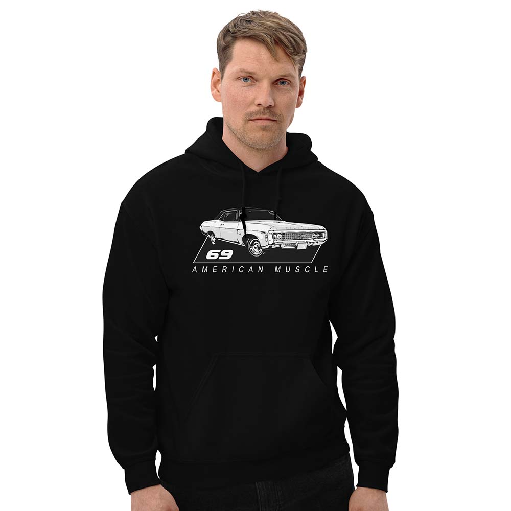 man modeling 69 Impala Hoodie in black
