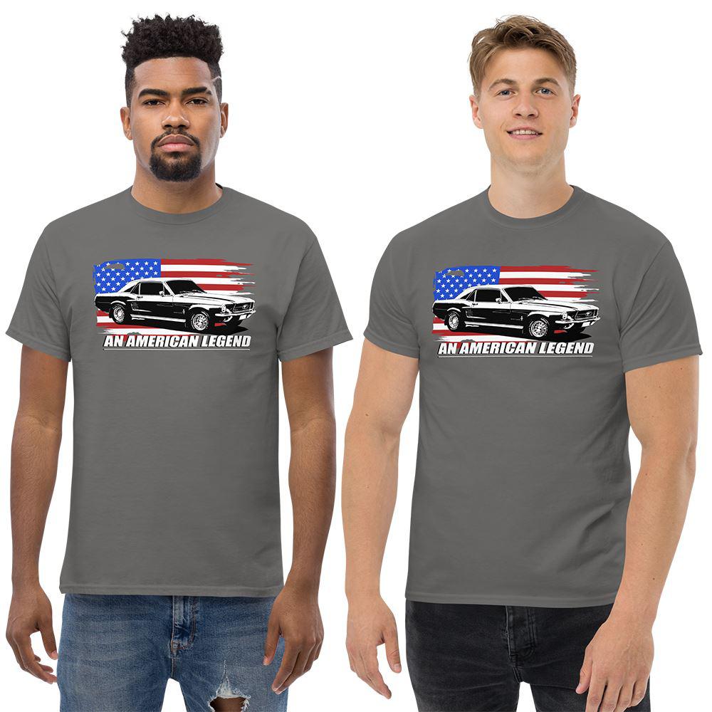 Men Wearing A 1967 Mustang Fastback T-Shirt From Aggressive Thread - Color Grey