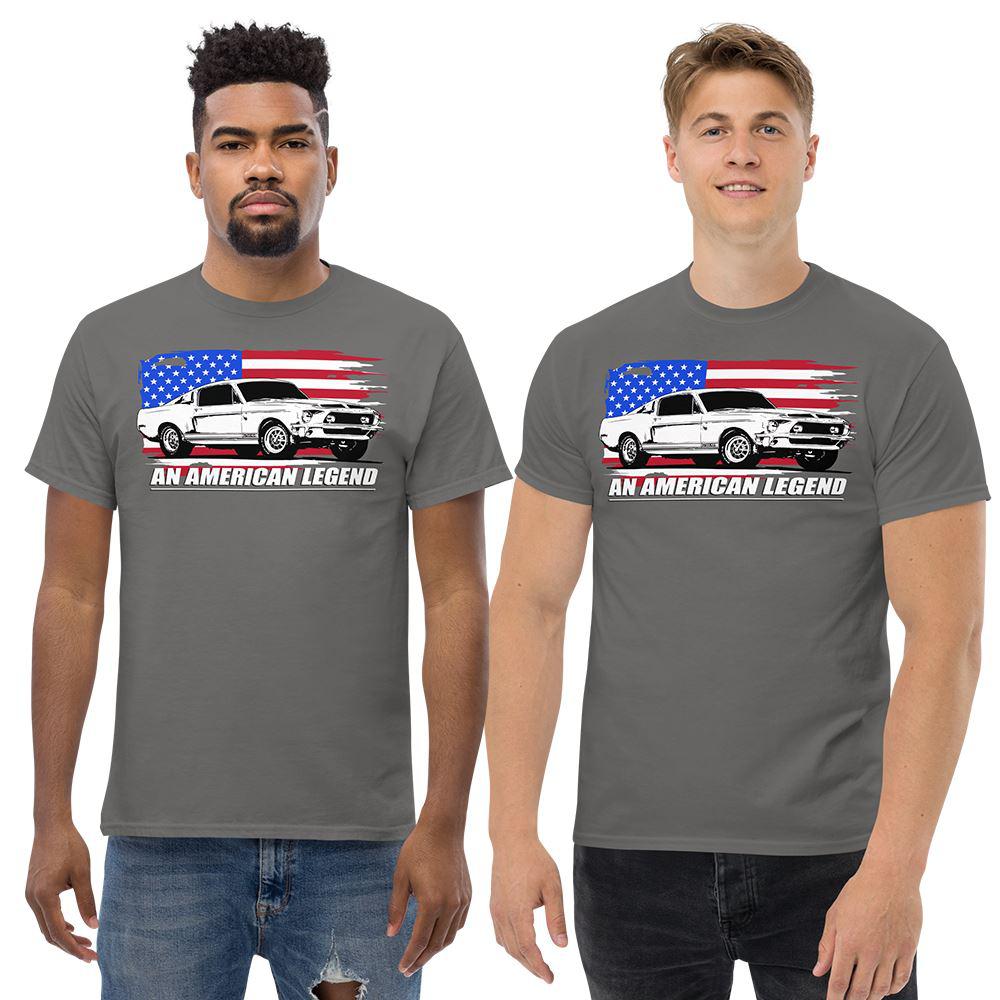 Men Wearing A 1968 Mustang Fastback T-Shirt From Aggressive Thread - Color Grey