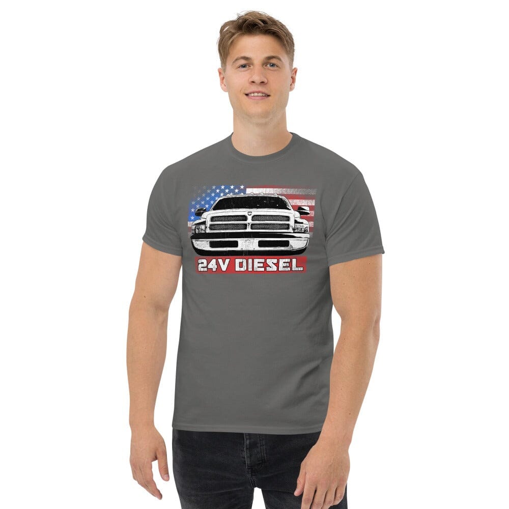 Man Posing In 24v Cummins T-Shirt From Aggressive Thread - Grey