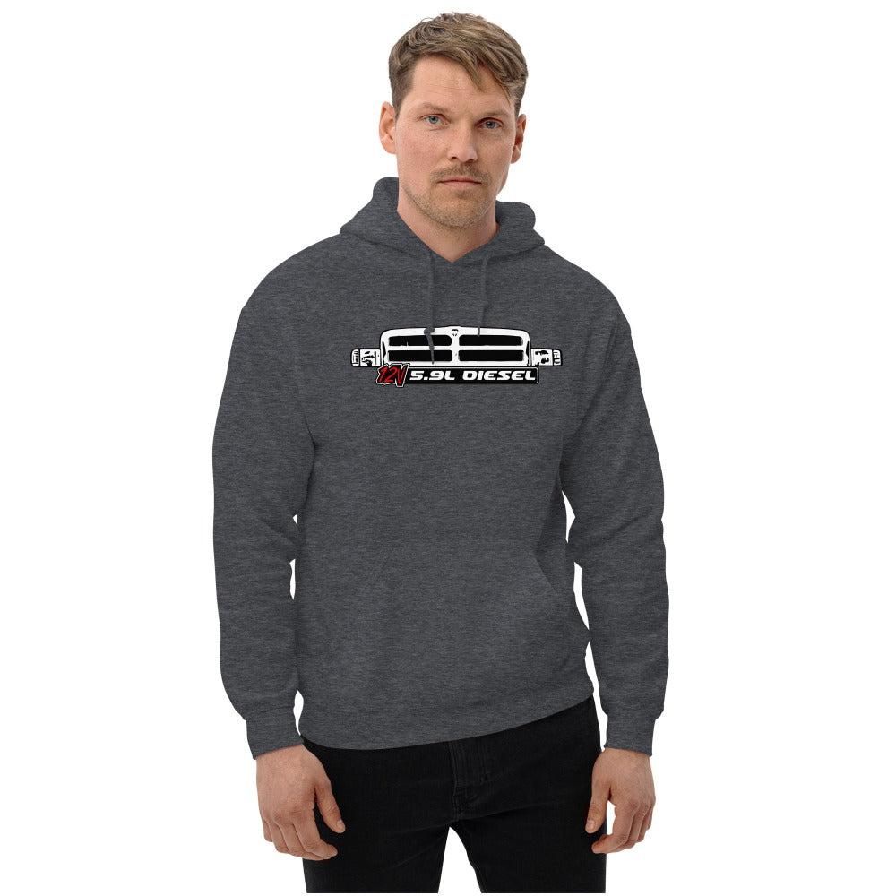 Man modeling 12v Cummins Second Gen Diesel Truck Hoodie From Aggressive Thread - color grey