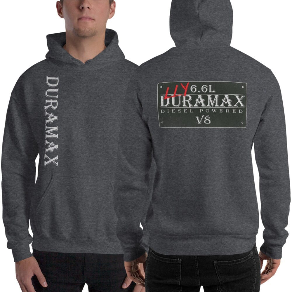 Man wearing LLY Duramax Diesel Sweatshirt Hoodie in Dark Heather | Aggressive Thread Truck Apparel