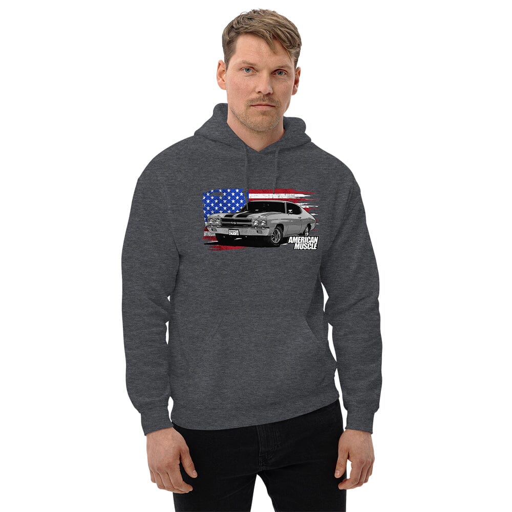 Man Wearing a 1970 Chevrolet Chevelle Sweatshirt Hoodie From Aggressive Thread - Grey