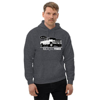 Thumbnail for Man wearing a 7.3 Power Stroke OBS Crew Cab Hoodie in grey from Aggressive Thread