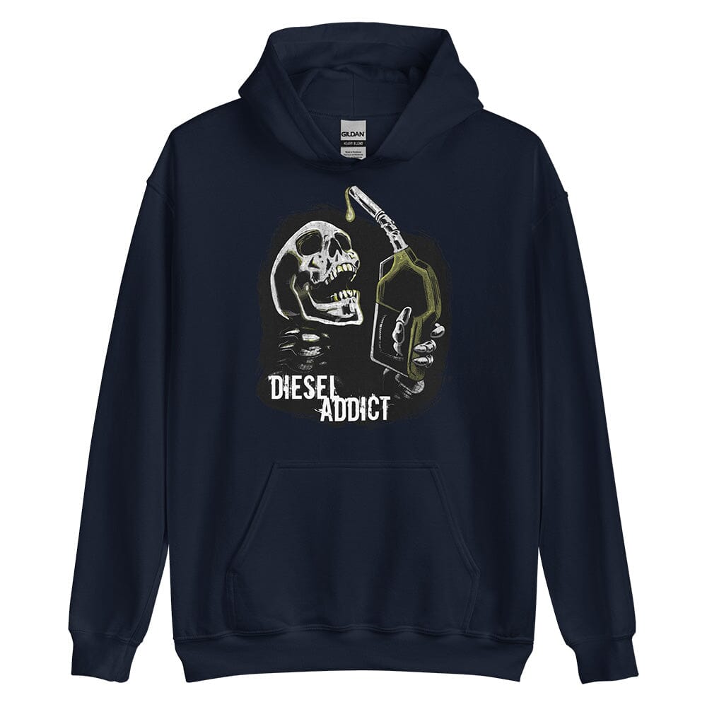 Diesel Truck Hoodie With Skull Drinking Diesel Fuel - Aggressive Thread - Color Navy