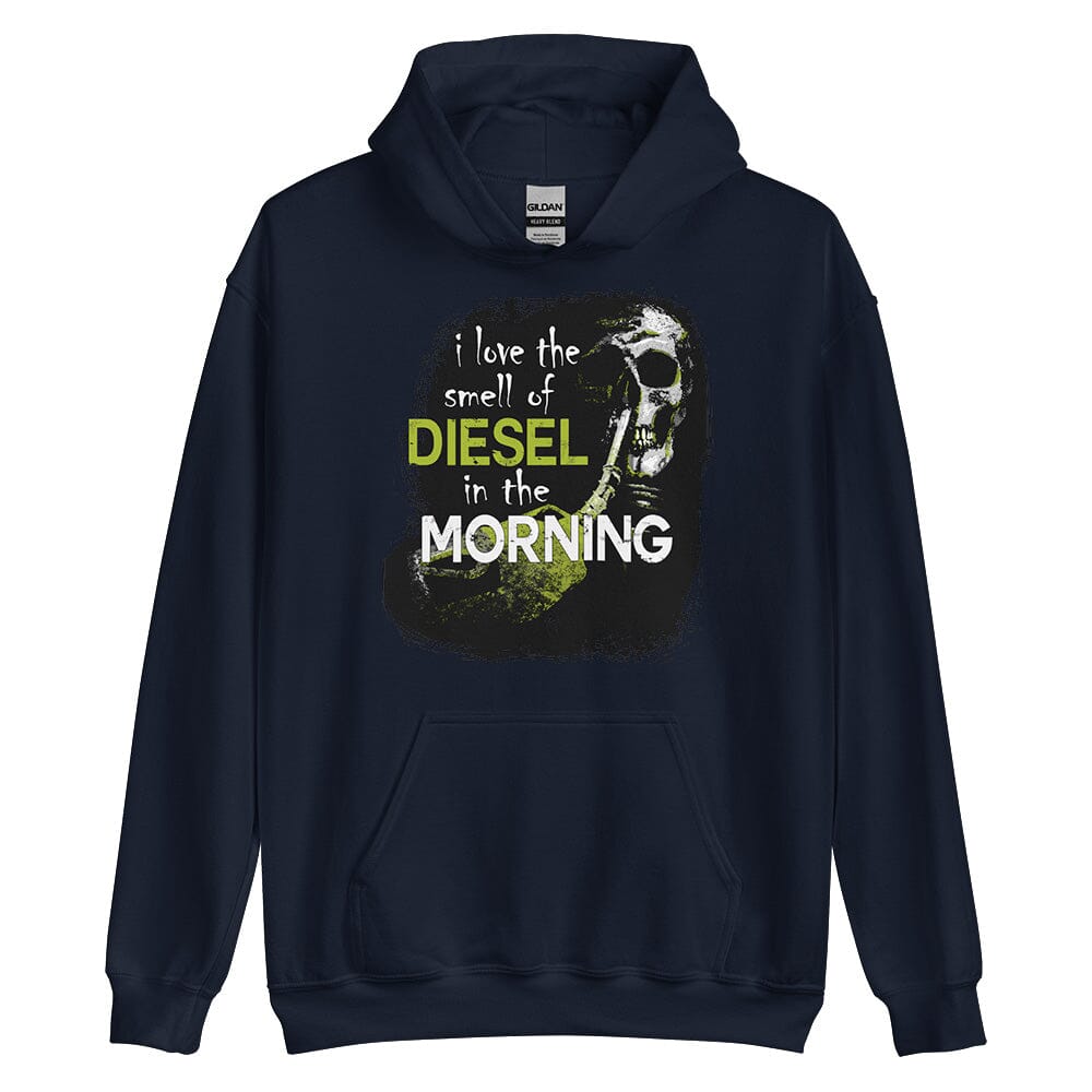 Man Posing in Diesel Truck Hoodie From Aggressive Thread - Color Navy