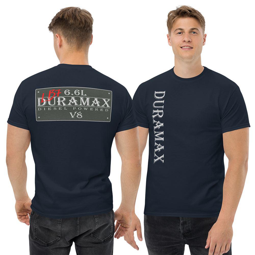 man wearing navy Lb7 duramax t-shirt with vintage sign design