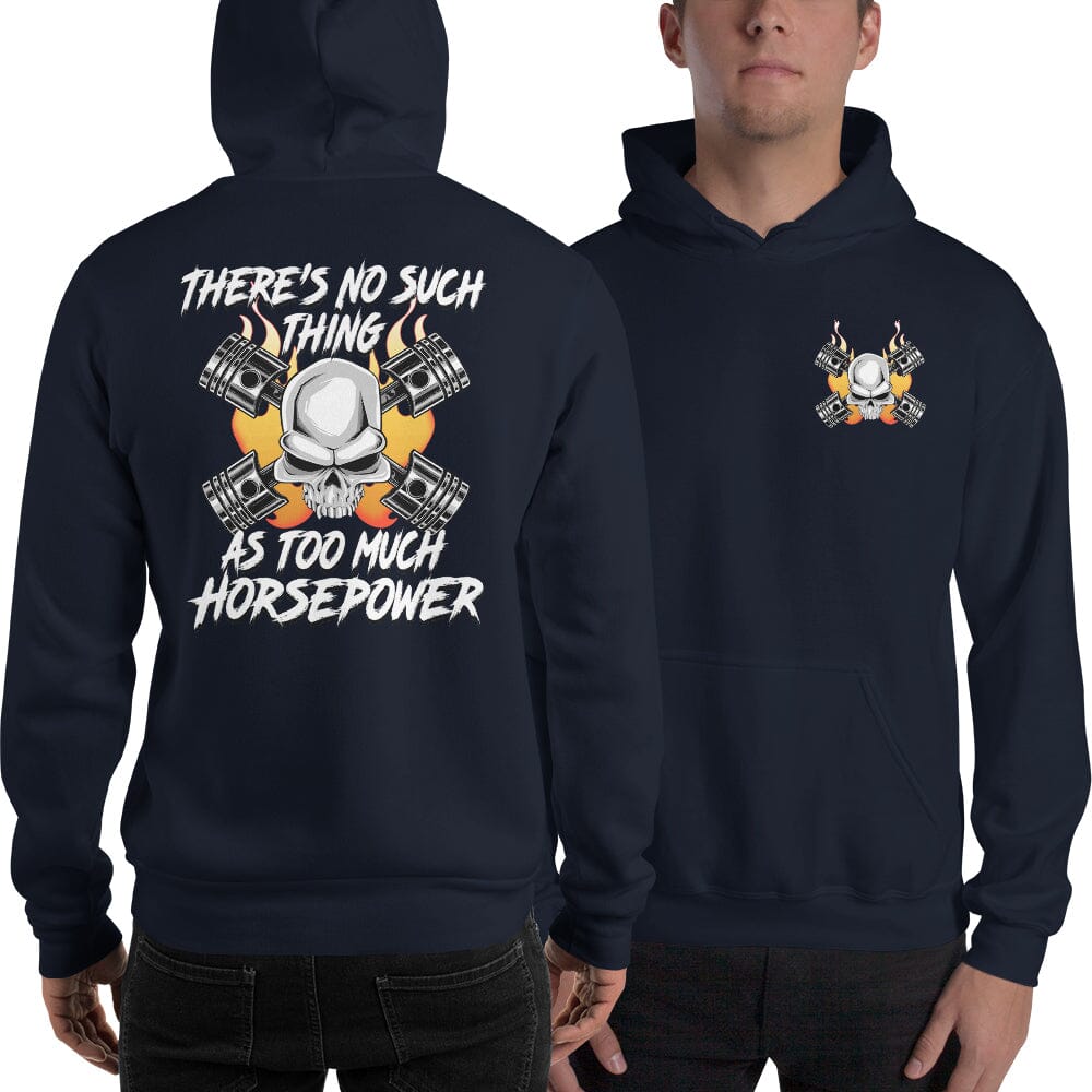 Man wearing a Gearhead / Car Guy Hoodie From Aggressive Thread - front and Back in Navy