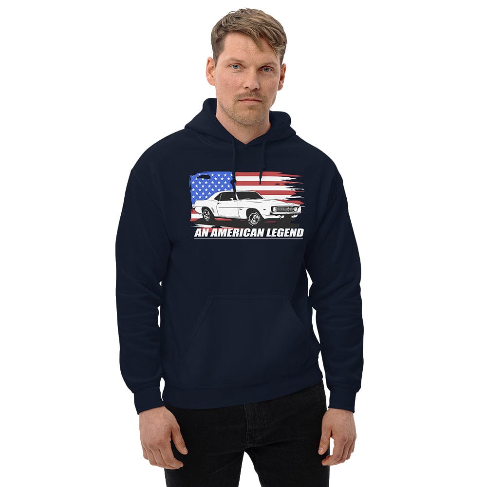 man posing in 1969 Chevrolet Camaro Hoodie From Aggressive Thread Muscle Car Apparel - color navy