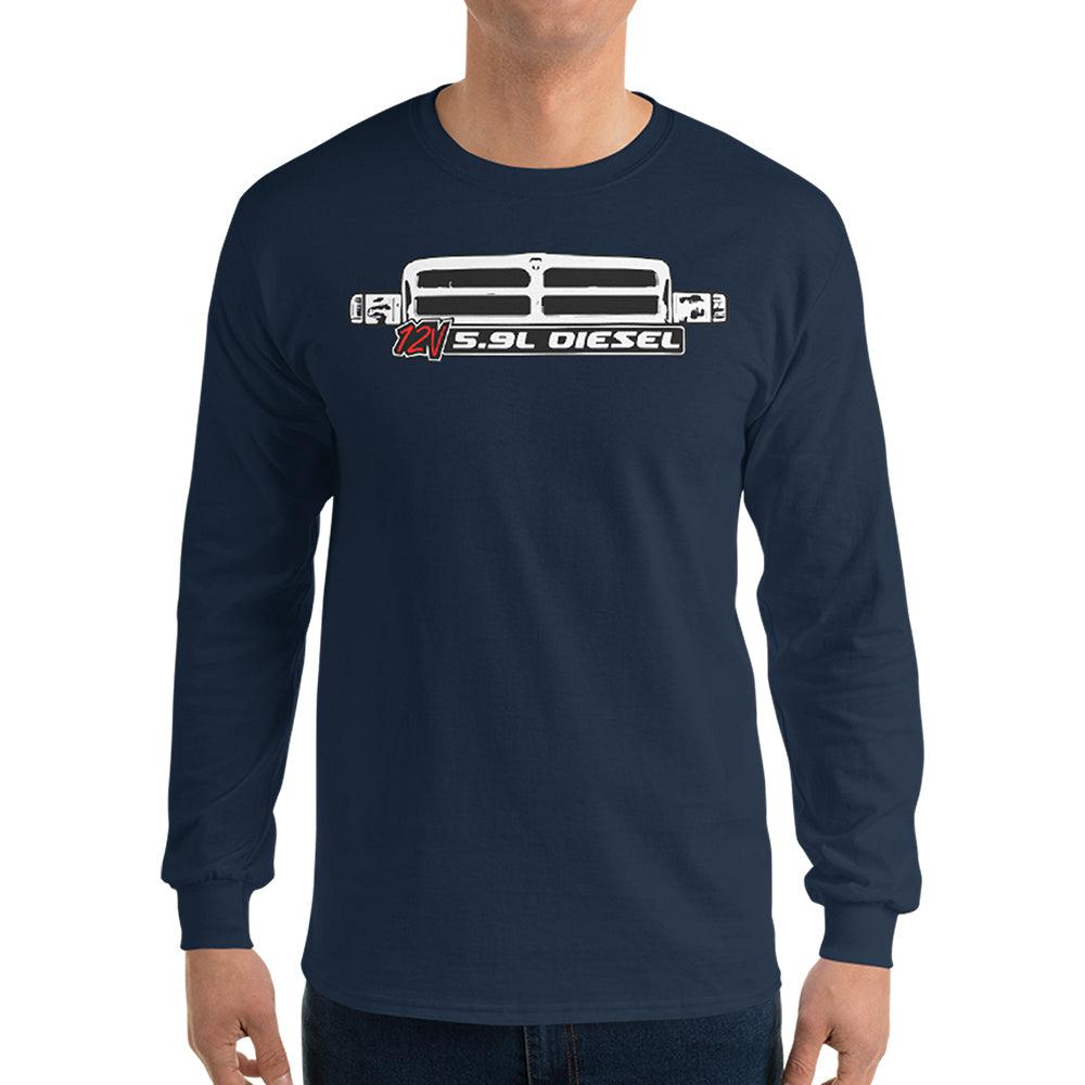 man modeling 12v Cummins Second Gen Dodge Ram Long Sleeve in navy