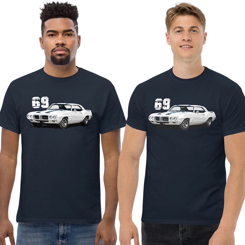 Men wearing a 69 Firebird Trans Am T-Shirt in navy From Aggressive Thread