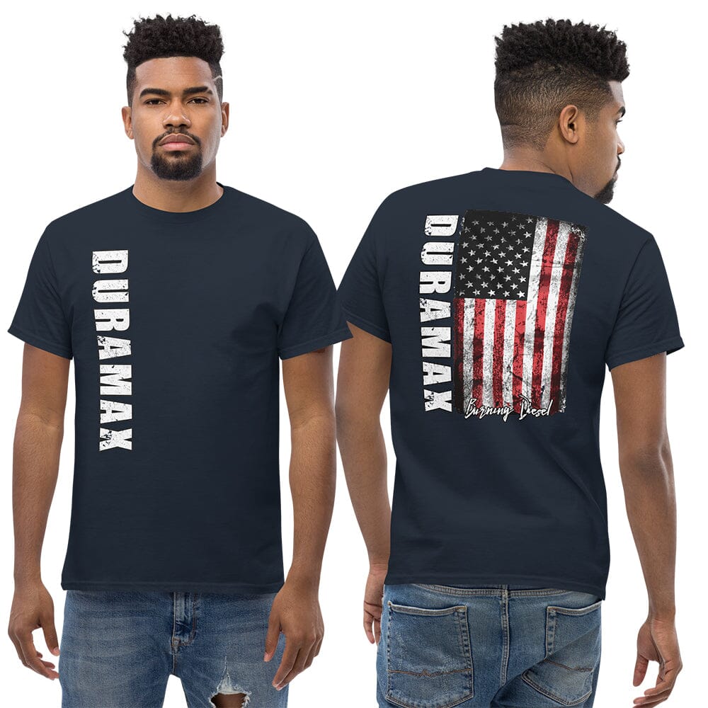 man Wearing a Duramax T-Shirt With American Flag From Aggressive Thread in Black - Front And Back View in navy