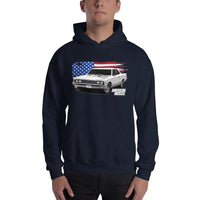 Thumbnail for Man posing in 1967 Chevelle Hoodie With American Flag From Aggressive Thread. Color Navy